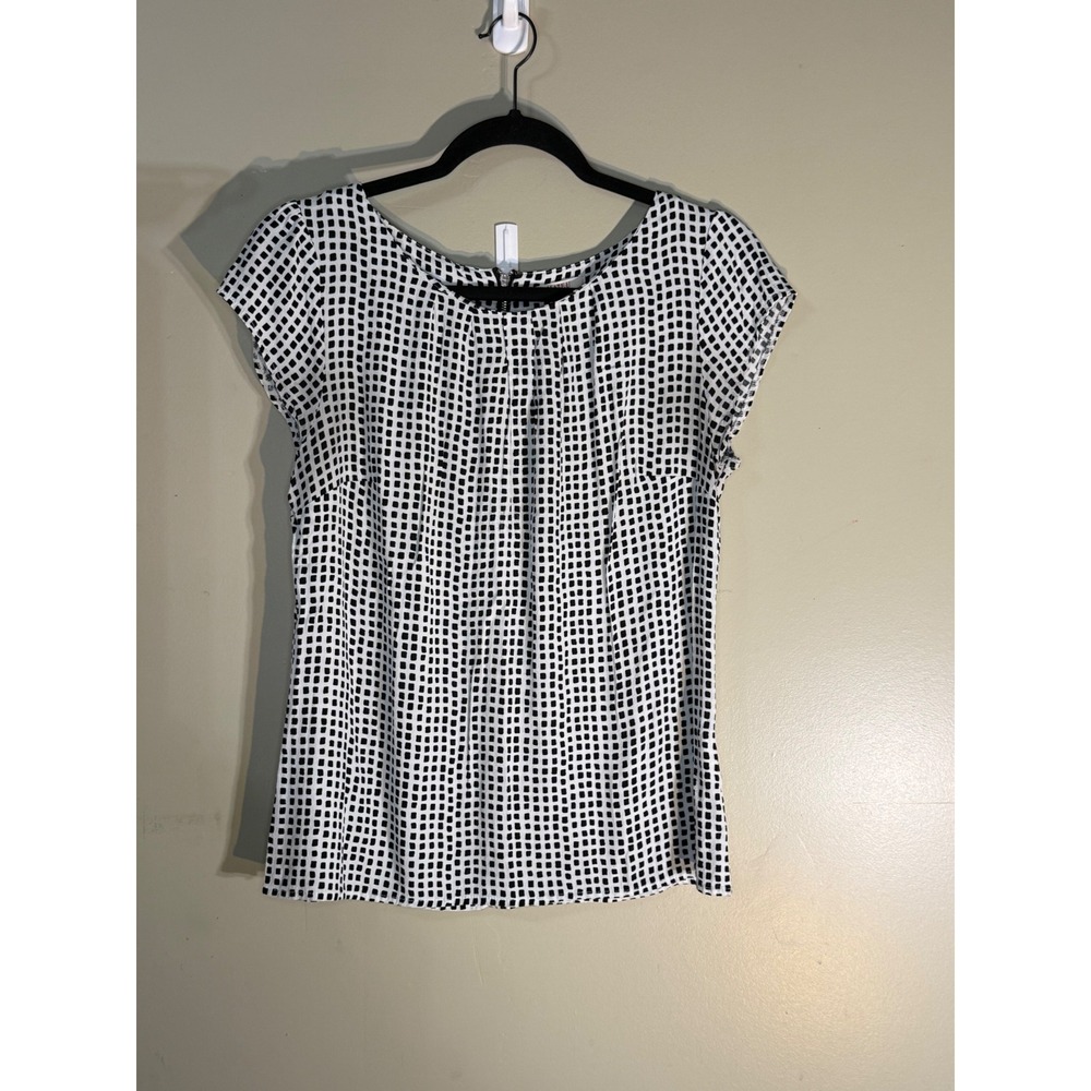 Camaieu Black White Geometric Grid Print Zip Back Blouse Top Size 14 UK 42 EU